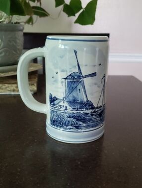 Vtg Delft Blue Ceramic Mug Stein Cup 5" Tall Handpainted Holland Windmill